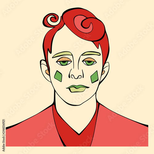 Vector character of melancholic man with red hair, yellow eyebrows, green eyes and lips. Illustration for t-shirt print, card or poster. Isolated portrait on beige background