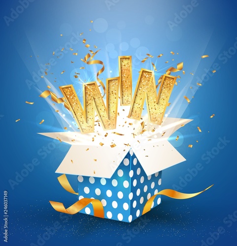 WIN gold text. Open textured blue box with confetti explosion inside and golden win word. Flying particles from giftbox vector illustration on white background