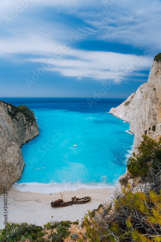 Top view of Navagio Shipwreck Beach on Zakynthos island, Greece. Famous attraction landmark must-see place visit in summer vacation