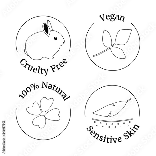 Vector set of logo design template, icons and badges for natural and organic cosmetics - cruelty free, sketch style