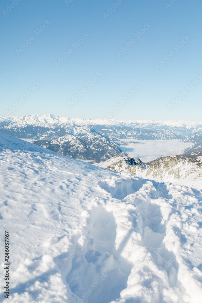 Fresh tracks in the snow with snow covered mountains in the background.