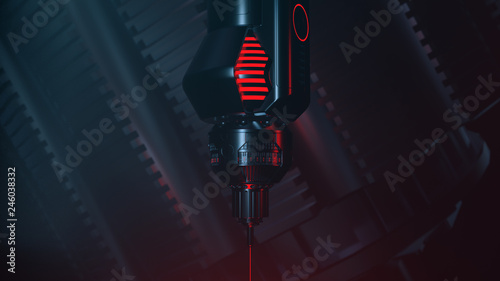 Red laser on cutting machine. 3d illustration