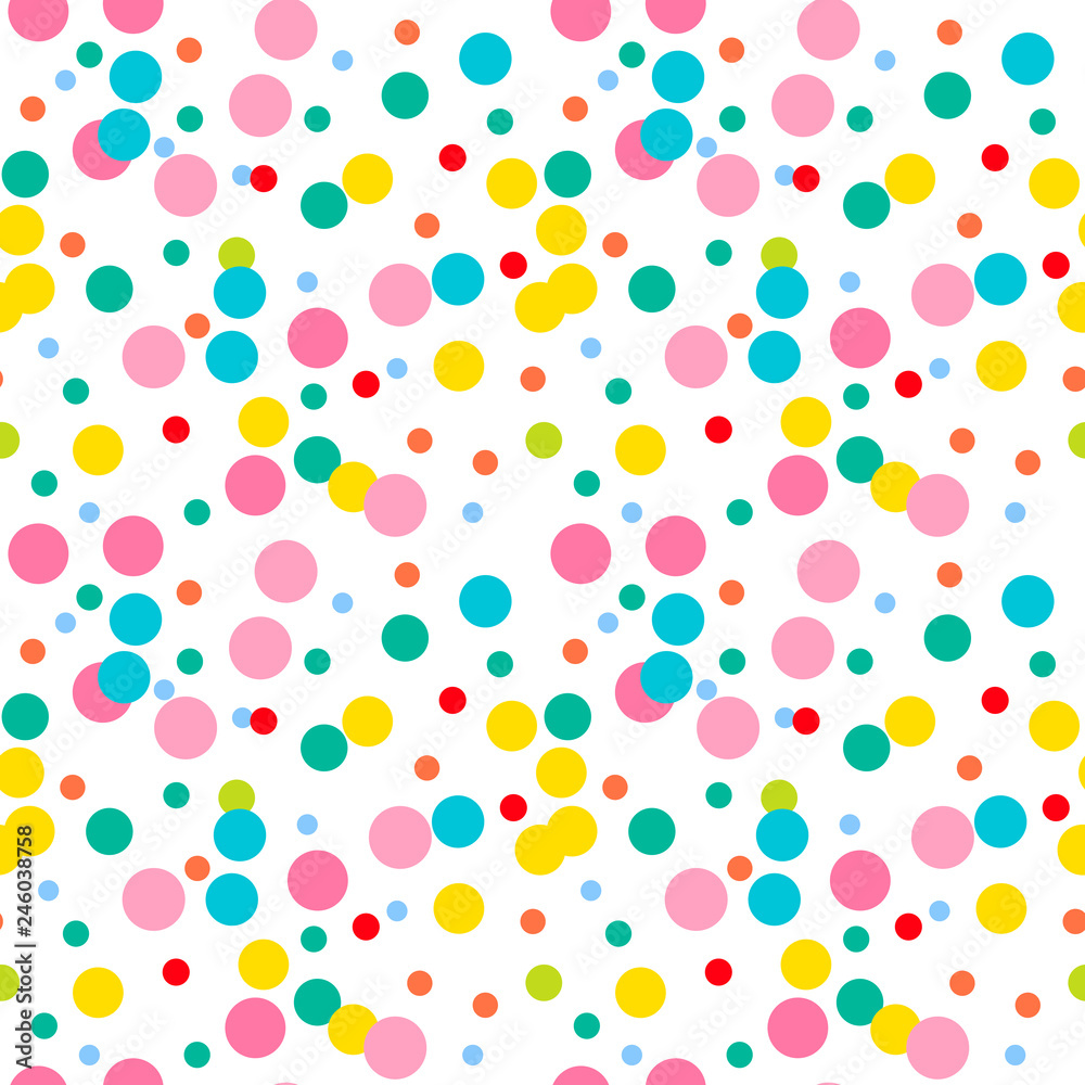 Bright pink, yellow, green, blue, red messy dots on white background. Festive seamless pattern with round shapes. Grunge dotted texture for wrapping paper, web. Vector illustration. Bright pink, yellow, green, blue, red messy dots on white background. Festive seamless pattern with round shapes. Grunge dotted texture for wrapping paper, web. Vector illustration.