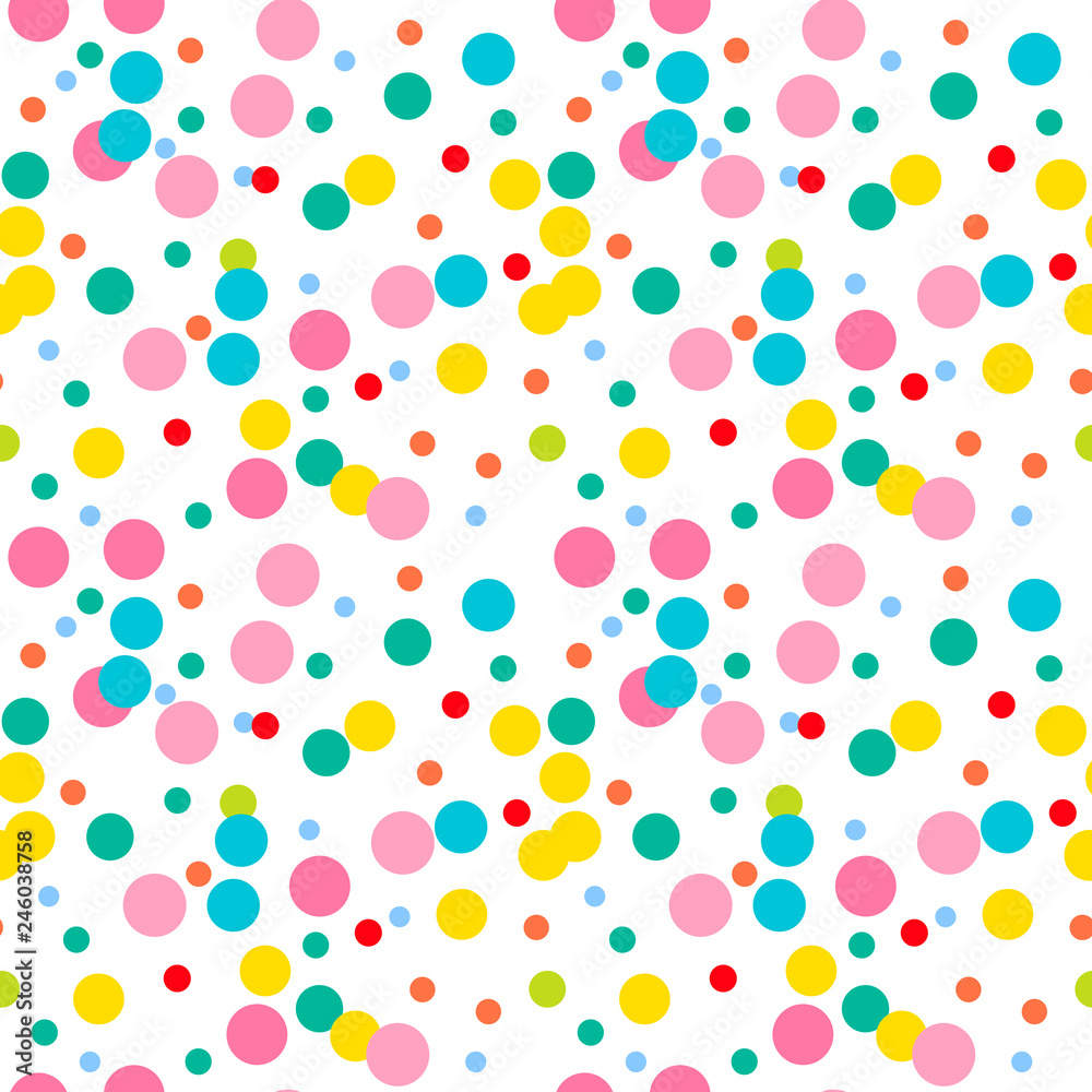 Bright pink, yellow, green, blue, red messy dots on white background. Festive seamless pattern with round shapes. Grunge dotted texture for wrapping paper, web. Vector illustration.