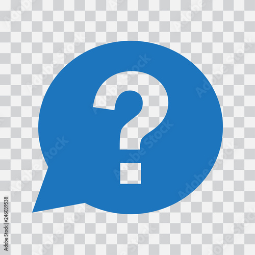 Question mark sign in blue speech balloon. Help icon on transparent background. Vector illustration