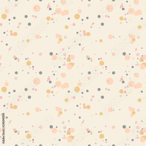 Pastel messy dots on beige background. Festive seamless pattern with round shapes. Grunge dotted texture for wrapping paper, web. Vector illustration.