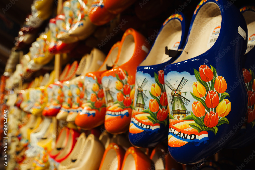 Souvenir in Zaanse Schans windmill village, near Amsterdam, Holland. Traditional souvenirs. Wooden shoes. Wood.