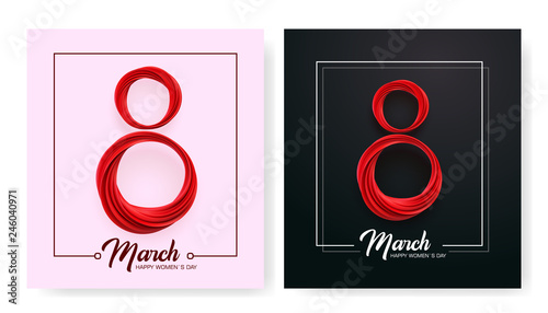 Banner for the International Womens Day. Sale banner, discount card. Red March 8 on the pink and dark, black background. Vector illustration