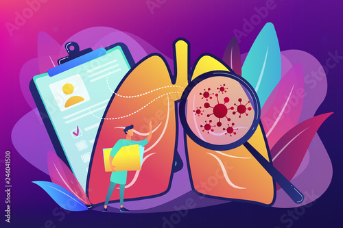 Huge magnifier showing cancer in the lungs and doctor with document folder. Lung cancer, trachea and bronchus concept on ultraviolet background. Bright vibrant violet vector isolated illustration