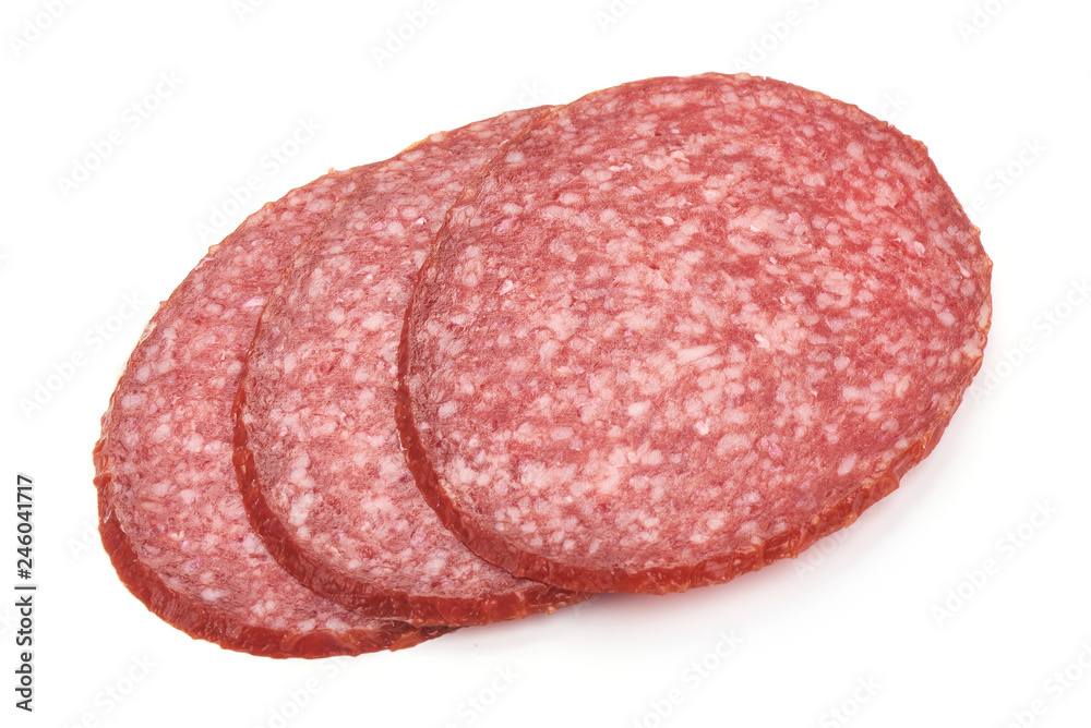 Traditional Smoked Salami Slices, close-up, isolated on a white background Traditional Smoked Salami Slices, close-up, isolated on a white background