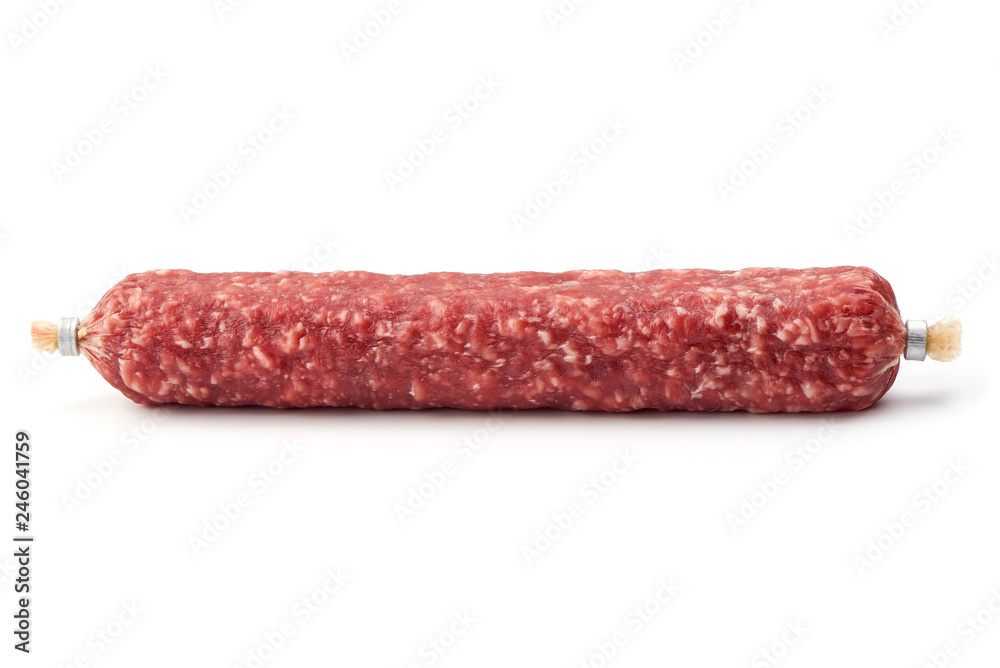 Italian sausage. Tasty dried sausage, close-up, isolated on white background Italian sausage. Tasty dried sausage, close-up, isolated on white background