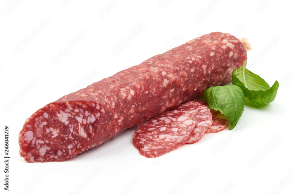 Dry-cured sausage, close-up, isolated on white background Dry-cured sausage, close-up, isolated on white background