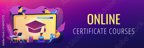 Students with laptops studying and huge laptop with graduation cap. Free online courses, online certificate courses, online business school concept. Header or footer banner template with copy space.