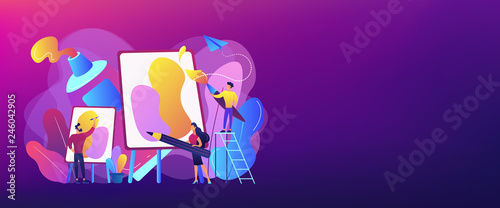 Group of people practicing new painting skills at painting workshop with equipment. Workshop, workshop session, practicing new skills concept. Header or footer banner template with copy space.