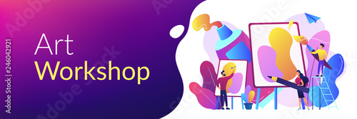 Group of people practicing new painting skills at painting workshop with equipment. Workshop, workshop session, practicing new skills concept. Header or footer banner template with copy space.