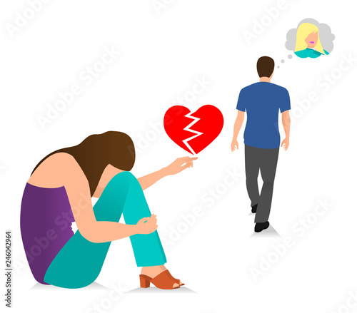 The Guy Leaves The Young Girl. Vector illustration concept of bad relationship, failed marriage, broken heart, cheating, depressed girl and etc.