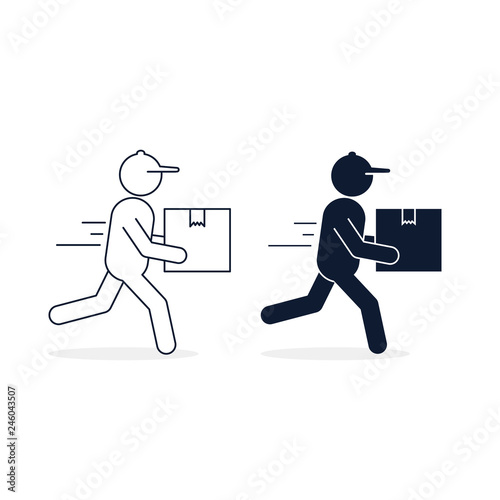 Man courier in a hurry to deliver a package, Vector isolated icon set for shipping service logistics. Delivery concept