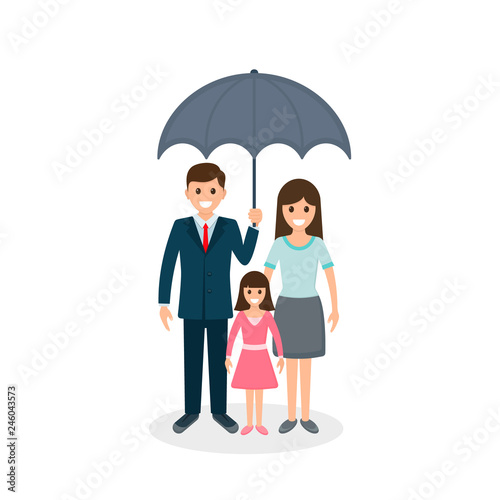 Family under umbrella, vector flat illustration insurance concept