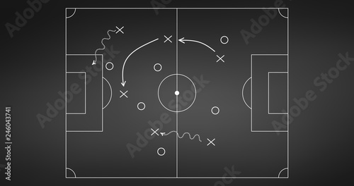 Football or soccer game strategy plan isolated on blackboard background. Sport element. Vector illustration isolated on white background.