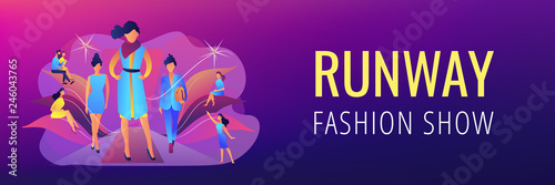 Designers display latest collection in runway fashion show to buyers and media. Fashion week, fashion industry event, runway fashion show concept. Header or footer banner template with copy space.
