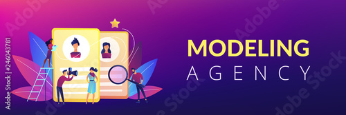 Modeling agency manager and photographer take photos of model for portfolio. Modeling agency, fashion model agent, modeling company services concept. Header or footer banner template with copy space.