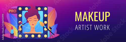 Professional makeup artists applying make up with brush on woman face in mirror. Professional makeup, pro artistry, makeup artist work concept. Header or footer banner template with copy space.
