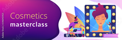 Students listening to teacher on training courses in professional makeup skills. Makeup courses, make up school, cosmetics masterclass concept. Header or footer banner template with copy space.
