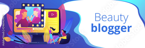Female user watches beauty blogger showing latest trend makeup tutorial. Beauty blogger, beauty blog production, online beauty consultant concept. Header or footer banner template with copy space.