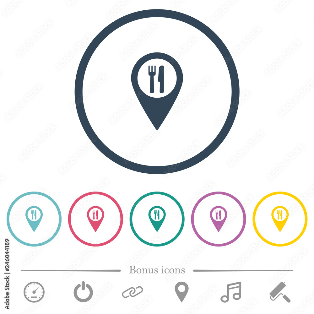 Restaurant GPS map location flat color icons in round outlines Restaurant GPS map location flat color icons in round outlines