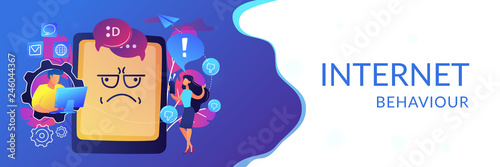 Internet troll quarreling and upsetting user online and tablet with troll face. Internet trolling, digital harassment, internet behaviour concept. Header or footer banner template with copy space.