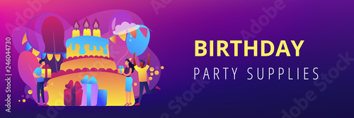Happy people with gifts celebrating birthday at huge cake. Birthday party supplies, birthday party Invitations, birthday planning concept. Header or footer banner template with copy space.