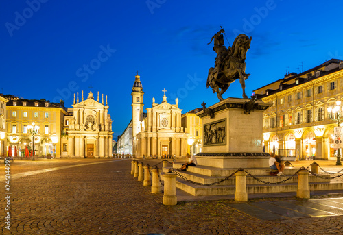View of Emanuele Filiberto statue in Piazza San Carlo at night, Turin, Piedmont photo