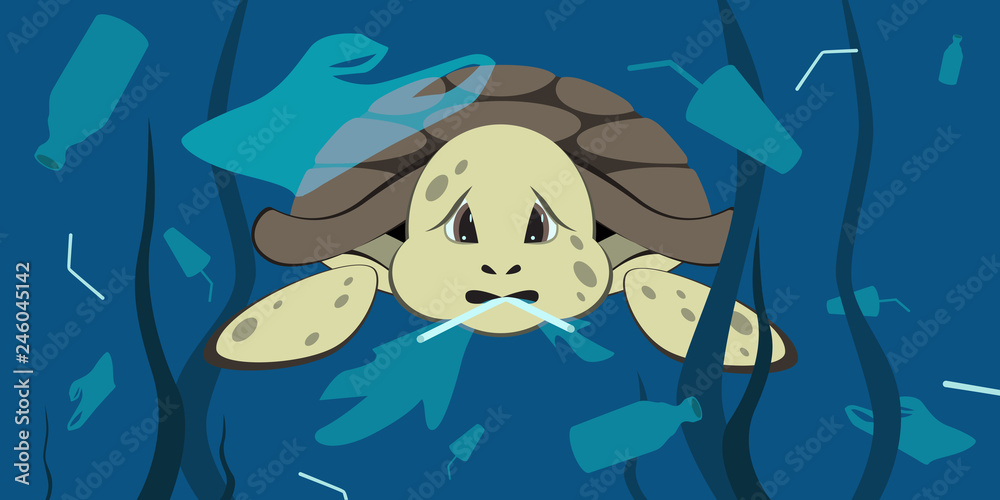 Plastic pollution in ocean environmental problem. Turtle eat plastic bag  and straw. Cartoon style. Vector illustration. Stock Vector | Adobe Stock