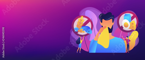 Man having food allergy symptoms to products like fish, milk and eggs. Food allergy, food alergen ingredient, allergy risk factor concept. Header or footer banner template with copy space.