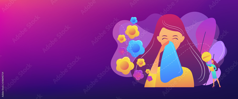 Female allergic to spring flowers sneezing and taking medicine. Seasonal allergy, seasonal allergy diagnosis, pollen allergy immunotherapy concept. Header or footer banner template with copy space. Female allergic to spring flowers sneezing and taking medicine. Seasonal allergy, seasonal allergy diagnosis, pollen allergy immunotherapy concept. Header or footer banner template with copy space.