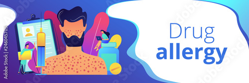Doctors and male patient with rush on skin allergic to pills and a syringe. Drug allergy, triggers of drug allergies, allergy risk factors concept. Header or footer banner template with copy space.