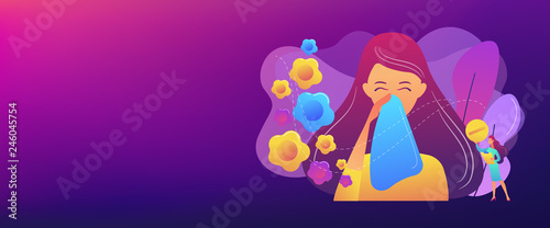 Female allergic to spring flowers sneezing and taking medicine. Seasonal allergy, seasonal allergy diagnosis, pollen allergy immunotherapy concept. Header or footer banner template with copy space.