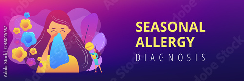 Female allergic to spring flowers sneezing and taking medicine. Seasonal allergy, seasonal allergy diagnosis, pollen allergy immunotherapy concept. Header or footer banner template with copy space.