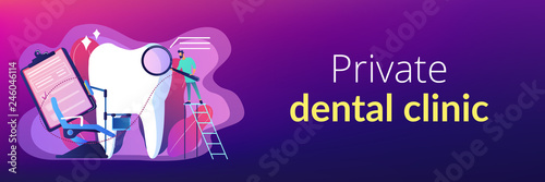 Dentist with magnifier on ladder examining huge patient tooth and dental chair. Private dentistry, dental service, private dental clinic concept. Header or footer banner template with copy space.