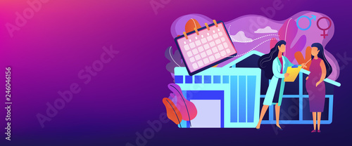 Doctor provides health services to pregnant woman and during labour. Maternity services, maternal perinatal health, pregnancy and birth care concept. Header or footer banner template with copy space.