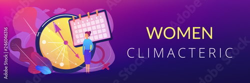 Menopause woman standing at her biological clock measuring age and calendar. Menopause, women climacteric, hormone replacement therapy concept. Header or footer banner template with copy space.