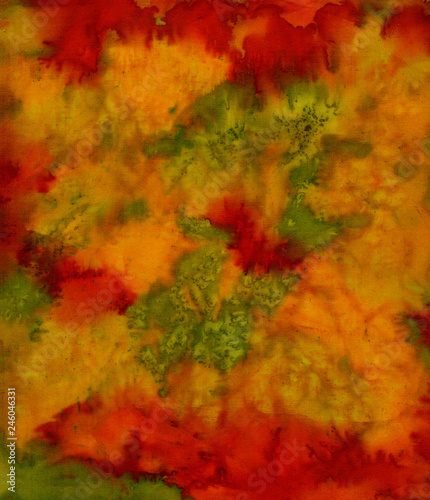 Absctract hand painted red green orange silk background with spots and waves