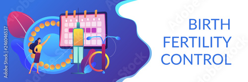Woman poining at oral contraceptives, iud and bc injection. Female contraceptives, oral hormonal contraception, birth fertility control concept. Header or footer banner template with copy space.