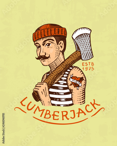 Lumberjack logo. Camping label. . Trip in the forest, outdoor and adventure and pine trees. Colored badge on the chalkboard. Hand drawn vintage pin.