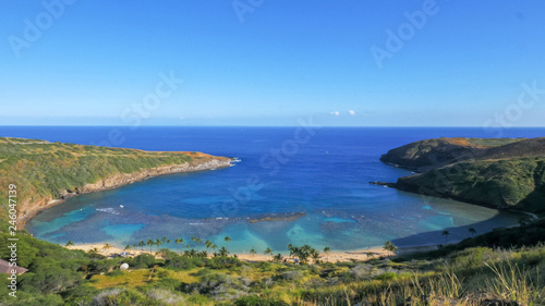 extreme wide shot of the beach and reef at hanauma bay