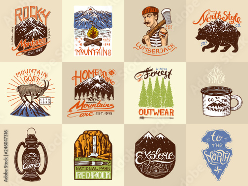 Camping logo and labels. Mountains and lumberjack, brown bear and goat, pine trees. Trip in the forest, outdoor, adventure is waiting. Colored badges on the chalkboard. Hand drawn vintage pins.