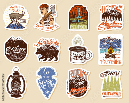 Camping logo and labels. Mountains and lumberjack, brown bear and goat, pine trees. Trip in the forest, outdoor, adventure is waiting. Colored badges on the chalkboard. Hand drawn vintage pins.