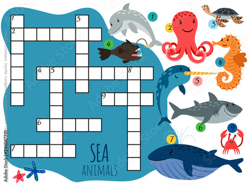Vector sea animals crossword template with cartoon characters. Illustration of