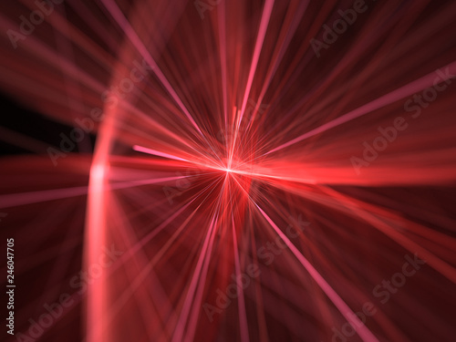 Abstract Illustration - beams of glowing light, red lasers, energy, explosion of light, particles, quantum universe, teleportation. Space Time Explosion, Burst of Light, Speed of Light Concept