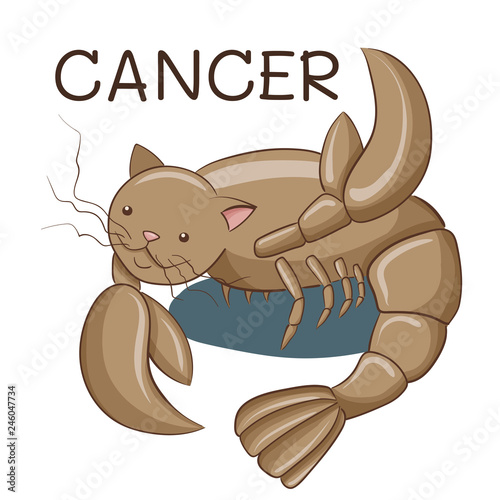 Cancer zodiac sign; cartoon cat character stylized as cancer zodiac; vector EPS10